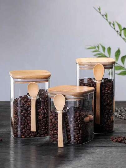Pote Hermético de Vidro Quadrado com Tampa e Colher de Bambu