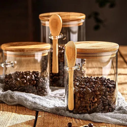Pote Hermético de Vidro Redondo com Tampa e Colher de Bambu