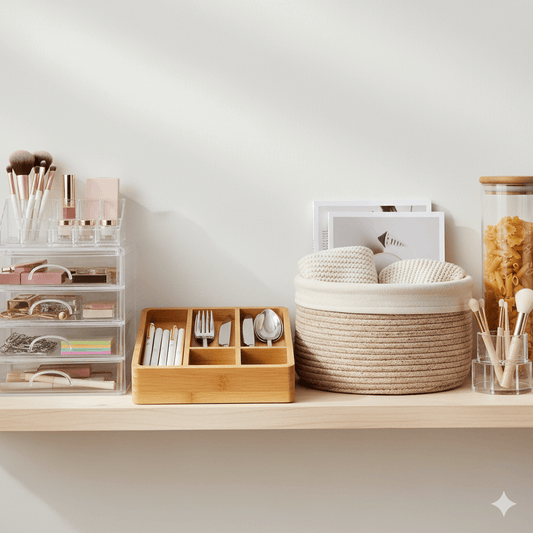 Coleção de organizadores de diferentes materiais (acrílico, bambu, plástico) em uma prateleira branca, incluindo caixas organizadoras transparentes e divisórias de gaveta, representando a organização de um home office ou despensa moderna. VibeDoLar