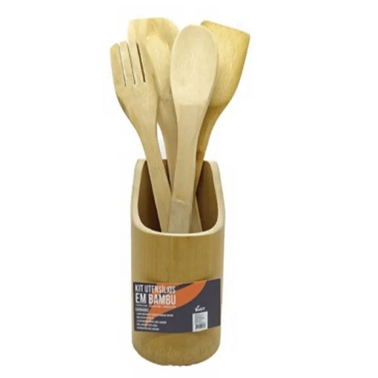 Kit de Utensílios de Cozinha em Bambu com Suporte (5 Peças)
