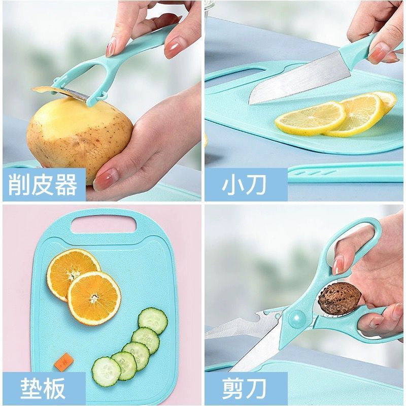 Kit de Cozinha 4 em 1: Faca, Tesoura, Descascador e Tábua