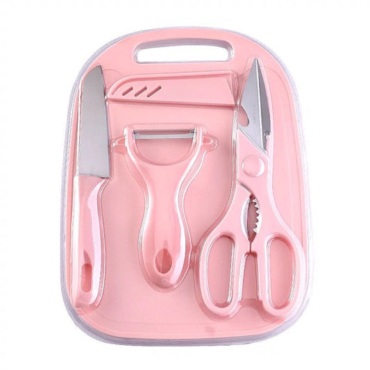 Kit de Cozinha 4 em 1: Faca, Tesoura, Descascador e Tábua