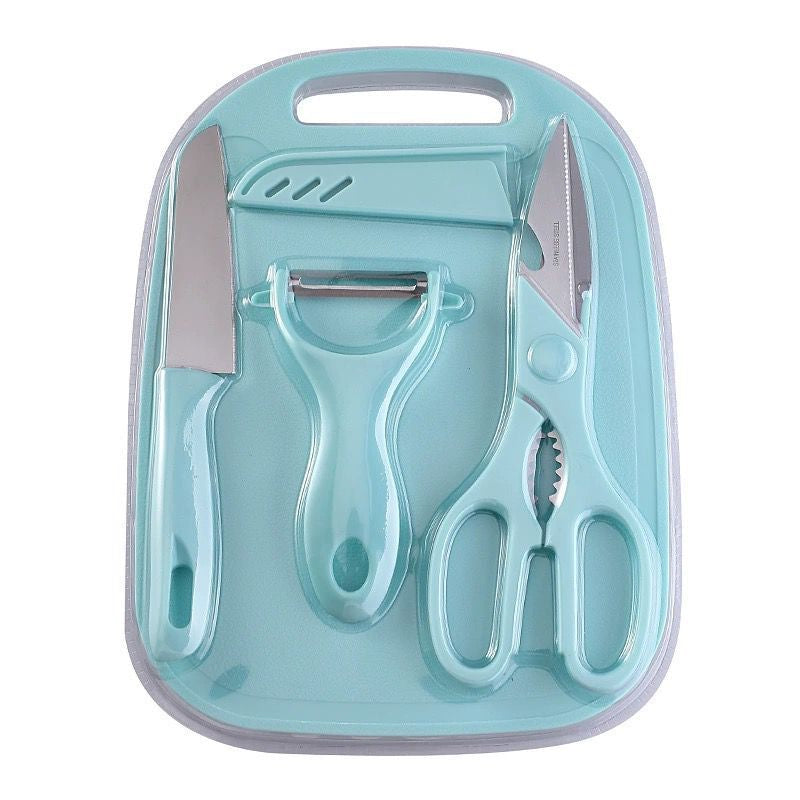 Kit de Cozinha 4 em 1: Faca, Tesoura, Descascador e Tábua