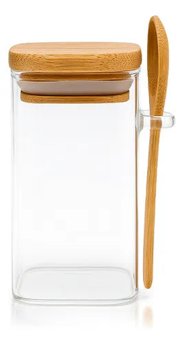Pote Hermético de Vidro Quadrado com Tampa e Colher de Bambu