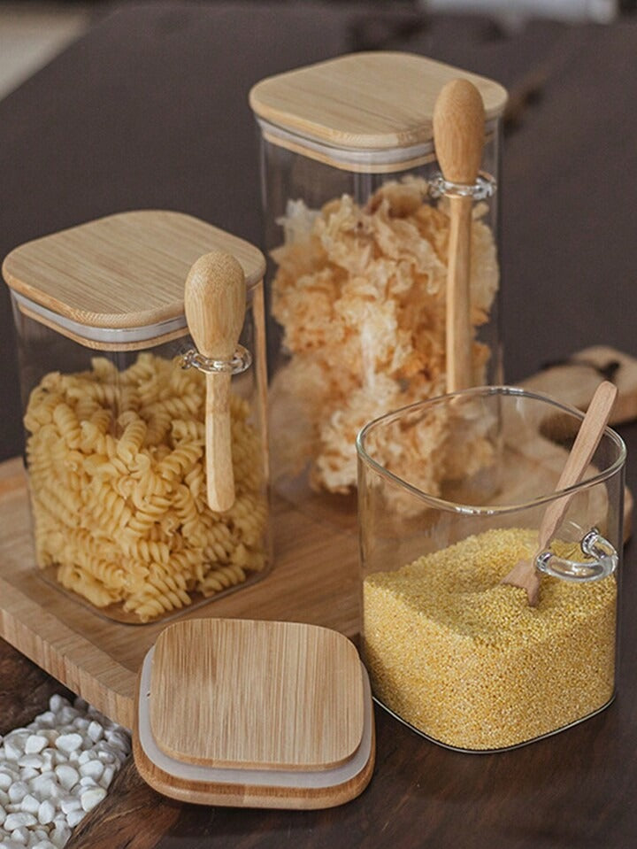 Kit de Potes Herméticos de Vidro Quadrado com Tampa e Colher de Bambu