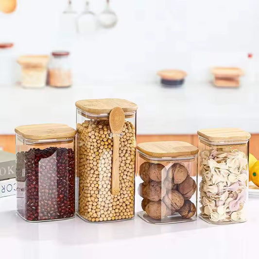 Kit de Potes Herméticos de Vidro Quadrado com Tampa e Colher de Bambu