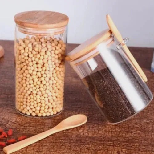 Kit de Potes Herméticos de Vidro Redondo com Tampa e Colher de Bambu