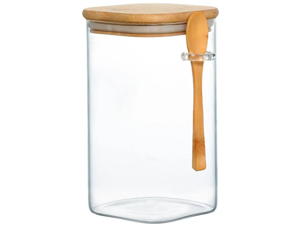 Pote Hermético de Vidro Quadrado com Tampa e Colher de Bambu