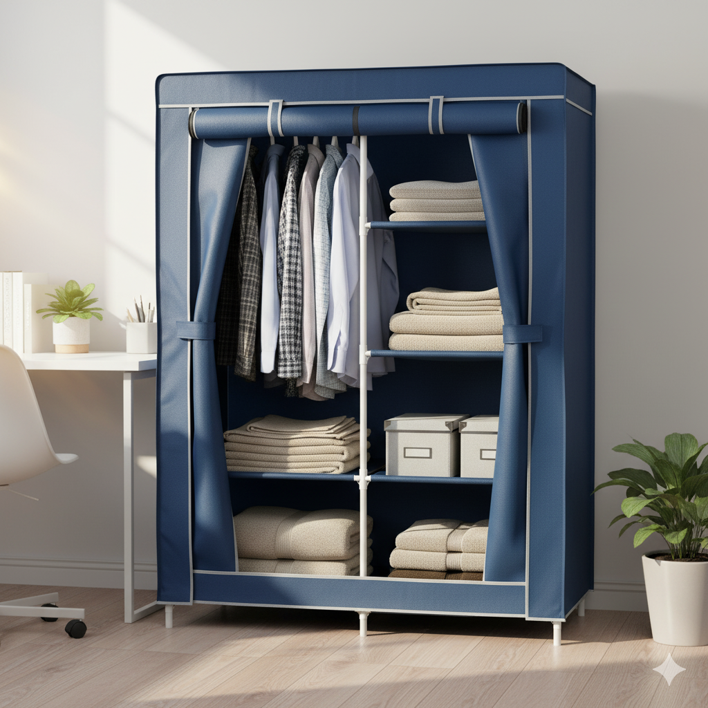 Armário organizador portátil azul em um quarto de estudante ou de hóspedes minimalista, mostrando uma solução de armazenamento prática e estilosa.