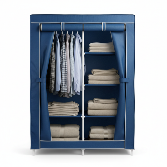 Armário organizador portátil multiuso com estrutura de metal e capa de tecido TNT na cor azul marinho, com as cortinas abertas, em fundo branco.