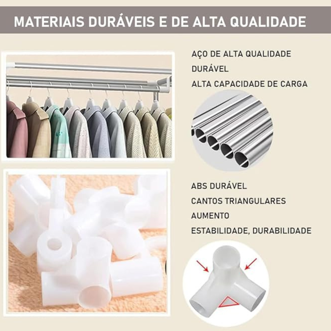 Infográfico detalhando os materiais duráveis do armário organizador: tubos de aço de alta qualidade e conectores de ABS resistente para estabilidade.