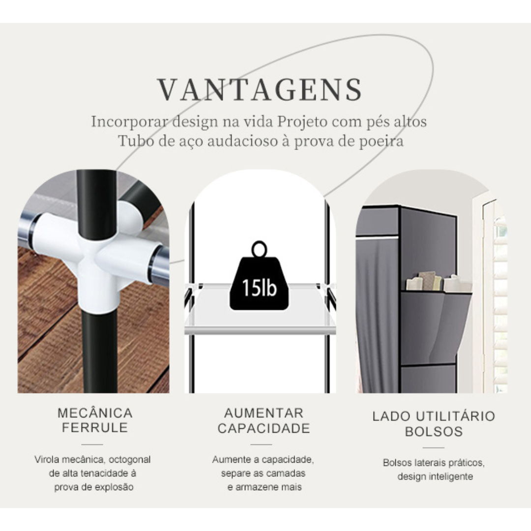Infográfico destacando as vantagens do armário organizador: mecânica ferrulha, aumento de capacidade de 15lb por prateleira e bolsos laterais utilitários.